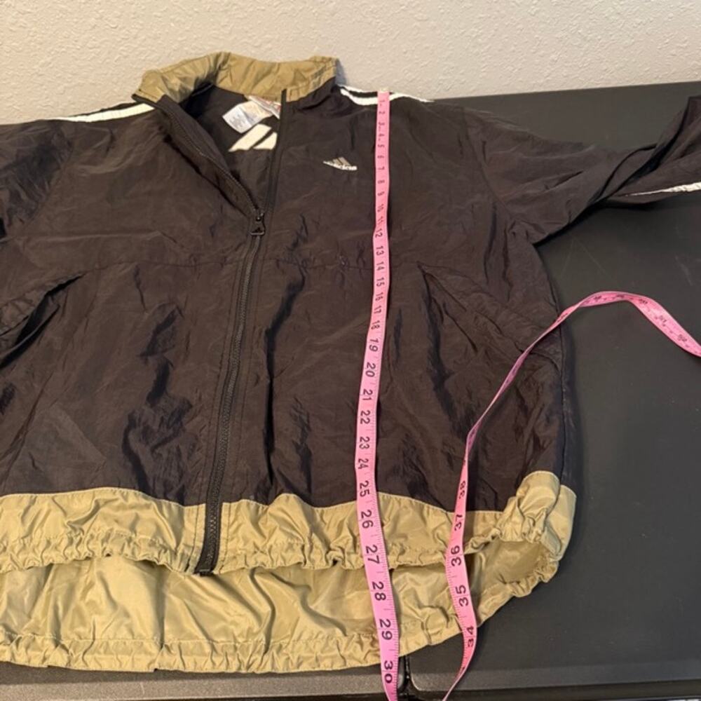 Adidas XL Vintage Gold Black Nylon Windbreaker Jacket White Stripes Zip - Picture 6 of 7